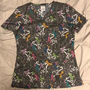 Grey Cherokee Scrub top - breast cancer awareness